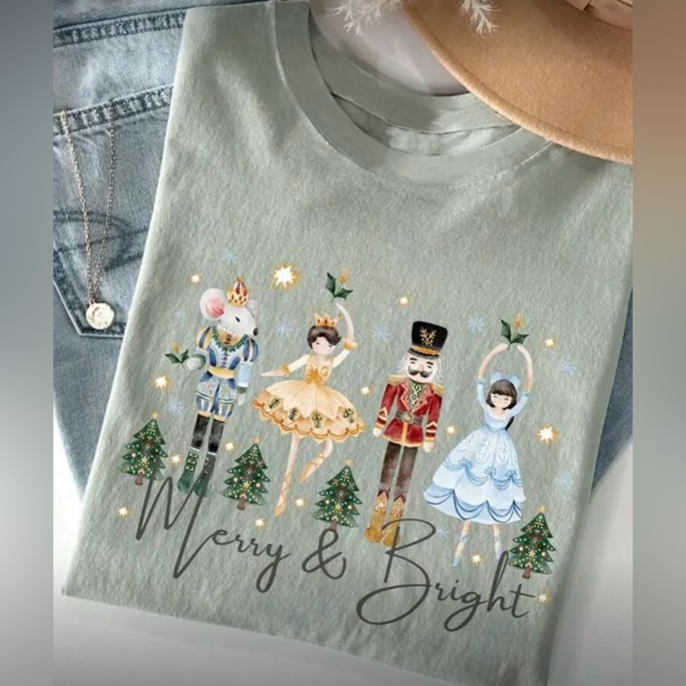 Holiday Merry & Bright Nutcracker Ballet Christmas Tee Top Graphic Tee Green Red